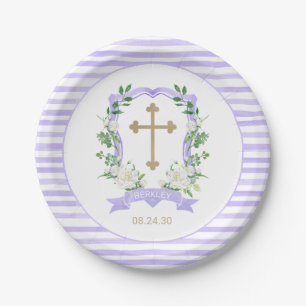 Purple Floral Crest Baptism Paper Plate