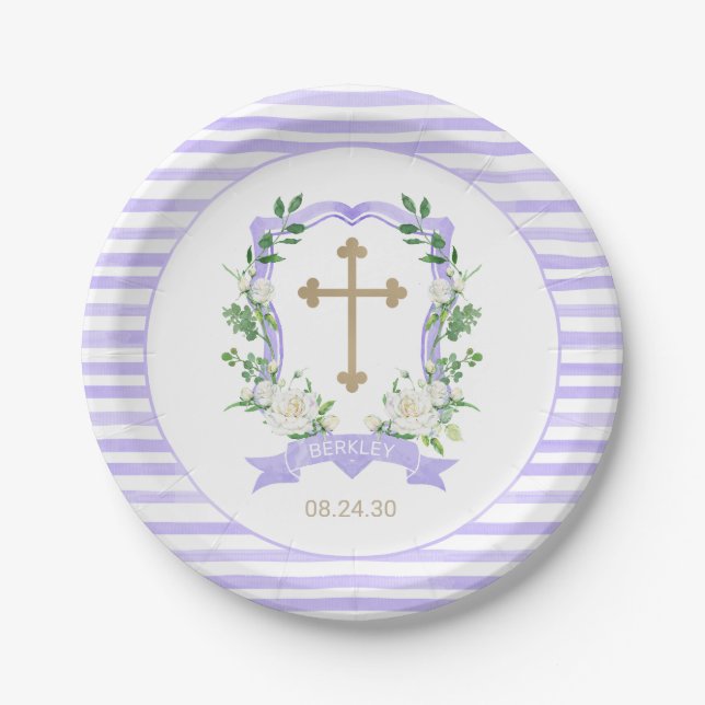 Purple Floral Crest Baptism Paper Plate (Front)