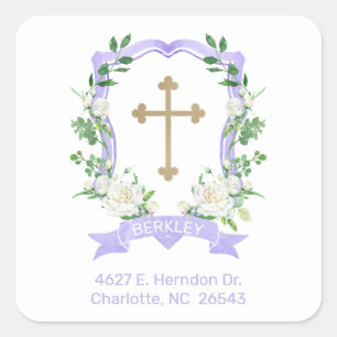 Purple Floral Crest Baptism Return Address Square Sticker