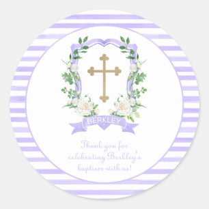 Purple Floral Crest Baptism Thank You Classic Round Sticker