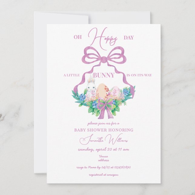 Purple Floral Crest Easter Bunny Girl Baby Shower Invitation (Front)