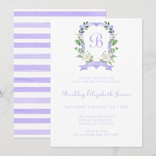 Purple Floral Crest Girl Sip And See Invitation (Front/Back)