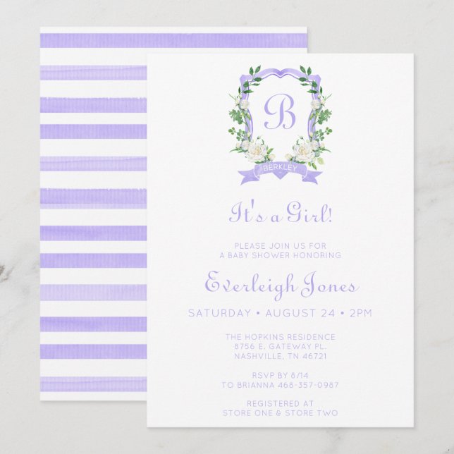 Purple Floral Crest It's A Girl Baby Shower Invitation (Front/Back)