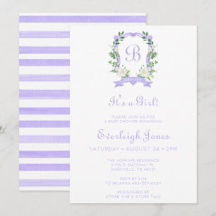 Purple Floral Crest It's A Girl Baby Shower Invitation
