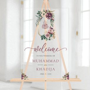 Purple Floral Crest Muslim Wedding Welcome Acrylic Sign