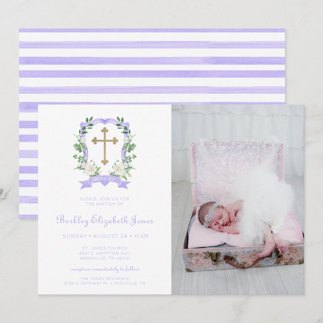 Purple Floral Crest Photo Baptism Invitation (Front/Back)