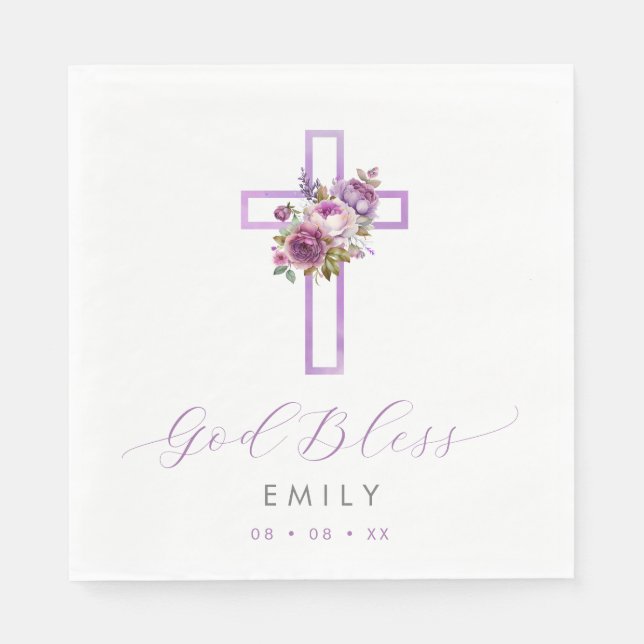 Purple Floral Cross Baby God Bless Baptism Napkin (Front)
