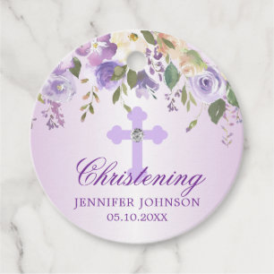 Purple Floral Cross Christening Baptism Thank You Favour Tags