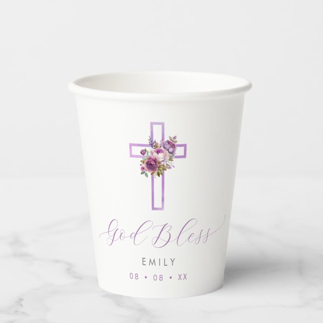 Purple Floral Cross God Bless Baptism Paper Cups (Front)