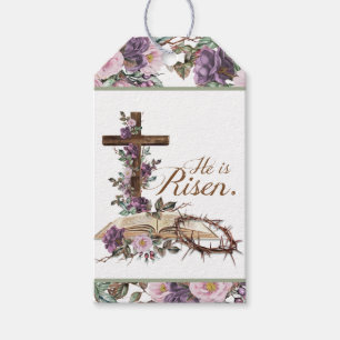 Purple Floral Cross He is Risen Gift Tags