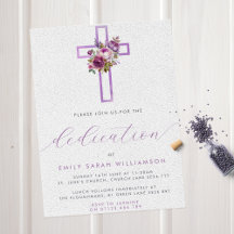Purple Floral Cross Modern Script Baby Dedication