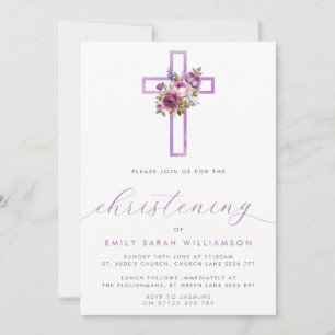Purple Floral Cross Modern Script Christening Invitation
