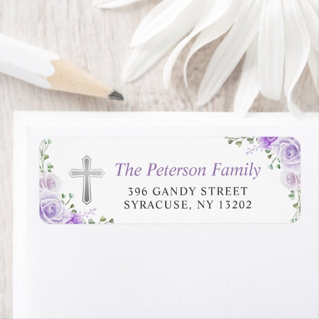 Purple Floral Cross Religious Return Address (Insitu)