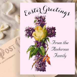 Purple Floral Cross Vintage Easter Religious Postcard