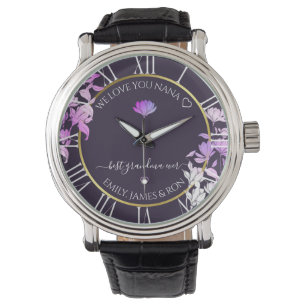 Purple Floral Custom Love Message Nana Text Gold Watch