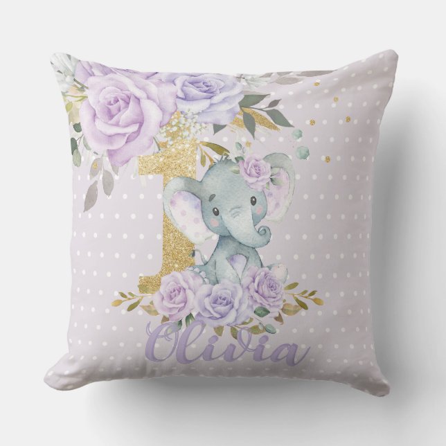 Purple Floral Cute Elephant 1st Birthday Keepsake  Cushion (Front)