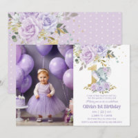Purple Floral Cute Elephant One 1st Birthday Photo
