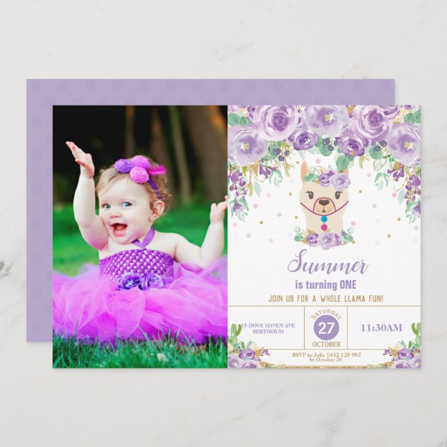 Purple Floral Cute Llama Birthday Girl Photo Invitation (Front/Back)