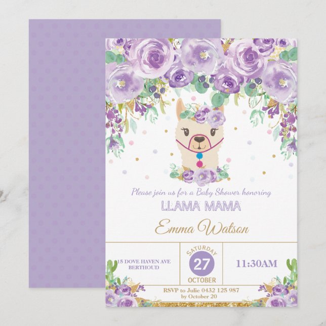 Purple Floral Cute Llama Mama Baby Shower Girl Invitation (Front/Back)