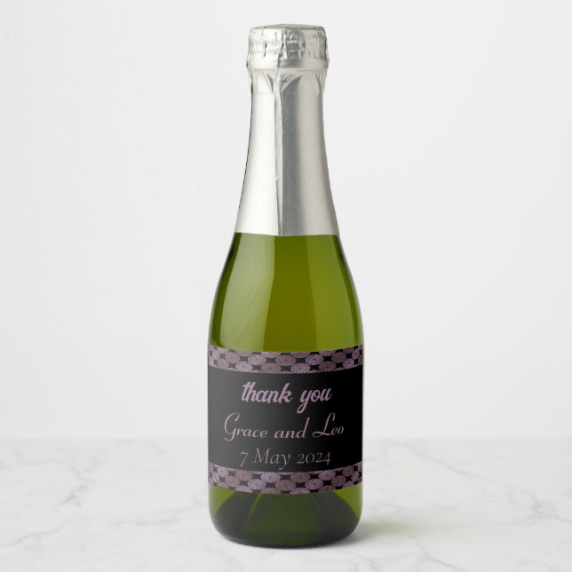 Purple floral damask black wedding sparkling wine label (Front)