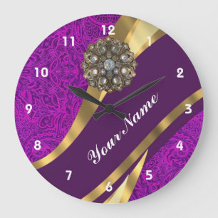 Purple floral damask gold swirl large clock