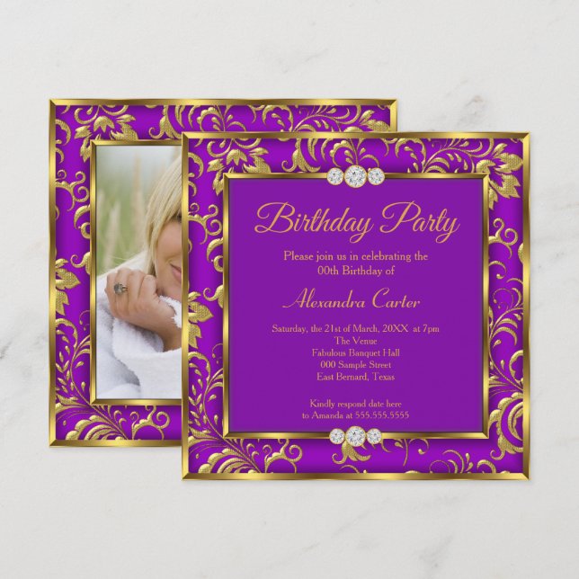 Purple Floral Damask Photo Gold birthday Party Invitation (Front/Back)