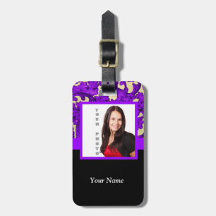 Purple floral damask photo template luggage tag