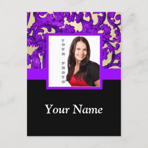 Purple floral damask photo template postcard