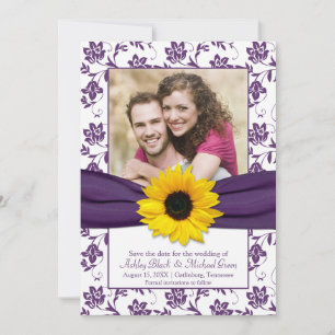 Purple Floral Damask Sunflower Save the Date
