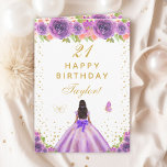Purple Floral Dark Skin Girl Happy Birthday Card<br><div class="desc">This elegant and glamourous birthday card can be personalised with a name or title such as daughter, granddaughter, niece, friend etc. The design features a beautiful princess with dark hair and dark skin in a purple ball gown. The text combines handwritten script and modern sans serif fonts for a classy...</div>