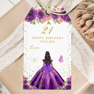 Purple Floral Dark Skin Girl Happy Birthday Gift Tags