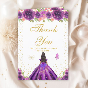 Purple Floral Dark Skin Girl Sweet Sixteen Thank You Card