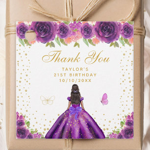Purple Floral Dark Skin Princess Birthday Party Favour Tags