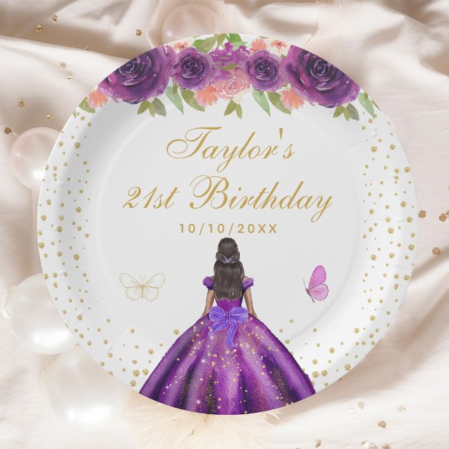 Purple Floral Dark Skin Princess Birthday Party Paper Plate (Creator Uploaded)