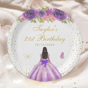 Purple Floral Dark Skin Princess Birthday Party Paper Plate