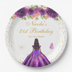 Purple Floral Dark Skin Princess Birthday Party Paper Plate