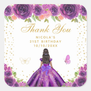 Purple Floral Dark Skin Princess Birthday Party Square Sticker