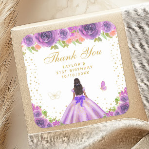 Purple Floral Dark Skin Princess Birthday Party Square Sticker