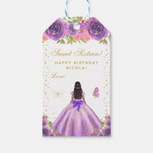 Purple Floral Dark Skin Princess Sweet Sixteen Gift Tags