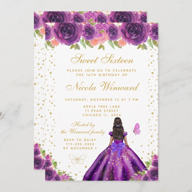 Purple Floral Dark Skin Princess Sweet Sixteen Invitation (Front/Back)