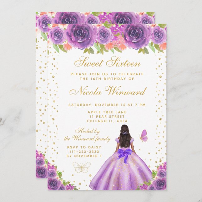Purple Floral Dark Skin Princess Sweet Sixteen Invitation (Front/Back)
