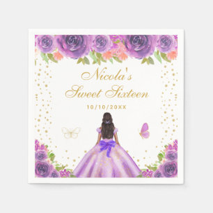 Purple Floral Dark Skin Princess Sweet Sixteen Napkin