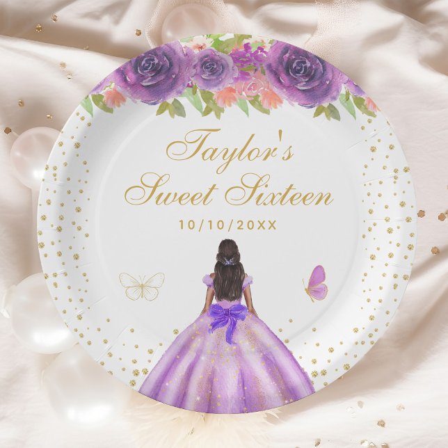 Purple Floral Dark Skin Princess Sweet Sixteen Paper Plate (Creator Uploaded)