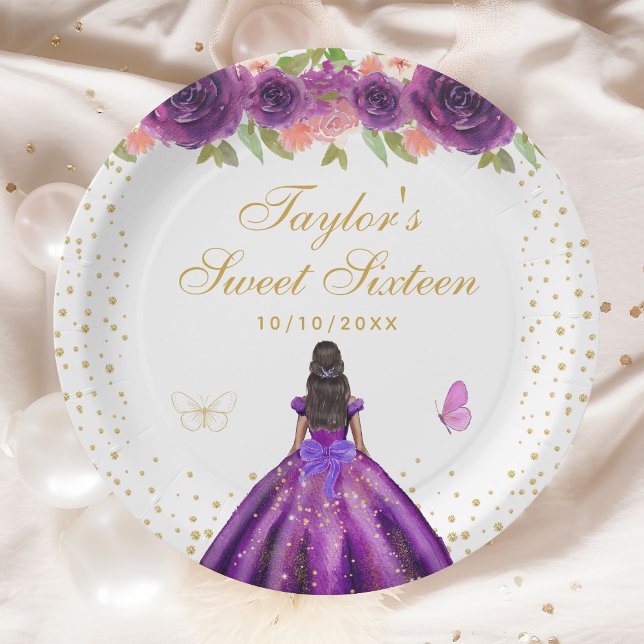 Purple Floral Dark Skin Princess Sweet Sixteen Paper Plate (Creator Uploaded)