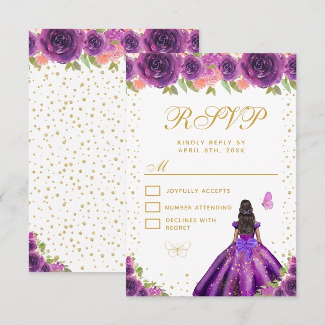 Purple Floral Dark Skin Princess Sweet Sixteen RSVP Card (Front/Back)