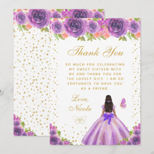 Purple Floral Dark Skin Princess Sweet Sixteen Thank You Card