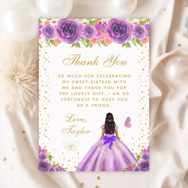 Purple Floral Dark Skin Princess Sweet Sixteen Thank You Card (Creator Uploaded)