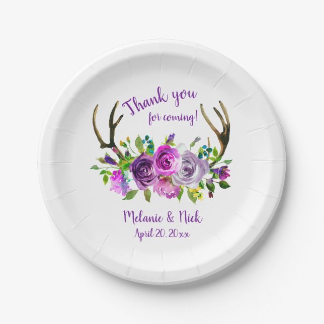 Purple floral deer antlers bridal shower decor paper plate (Front)