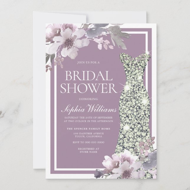 Purple Floral Diamond Dress Elegant Bridal Shower Invitation (Front)