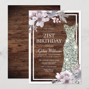 Purple Floral Diamond Dress Rustic 21st Birthday Invitation